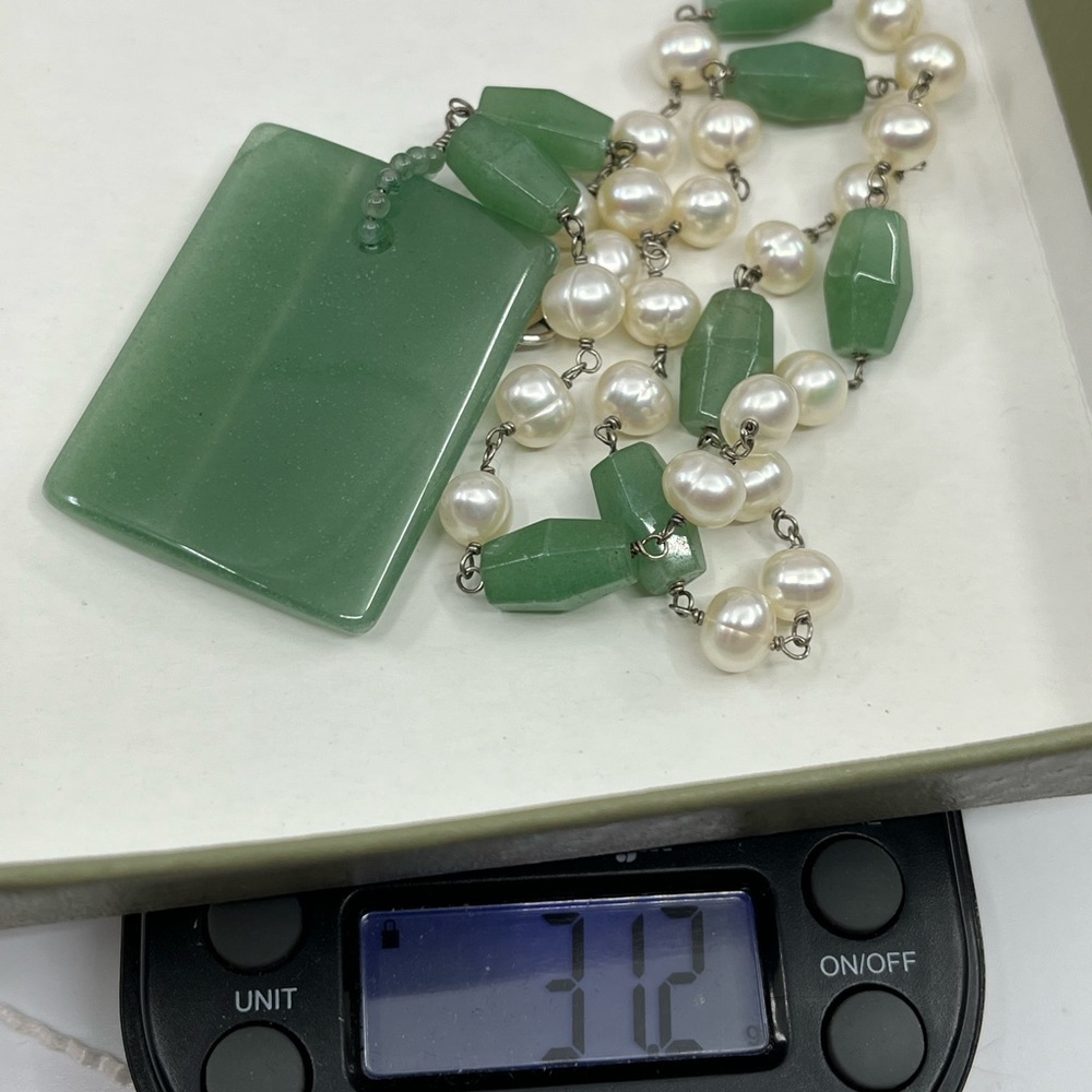 Vintage Green Jade Nephrite & Pearl Sterling Silver Necklace 925 Estate 16" - Picture 17 of 17